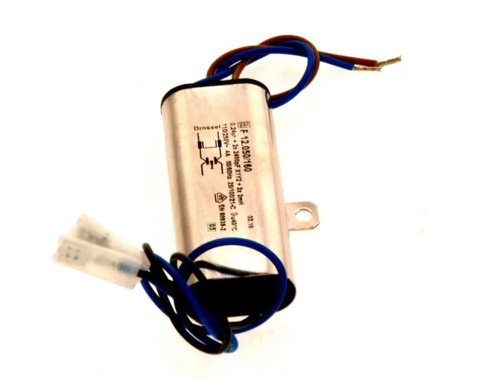 Entstörfilter von Bosch mit zwei Drähten. Metallgehäuse mit Anschlussklemmen. Die Kabel sind in blau und braun.